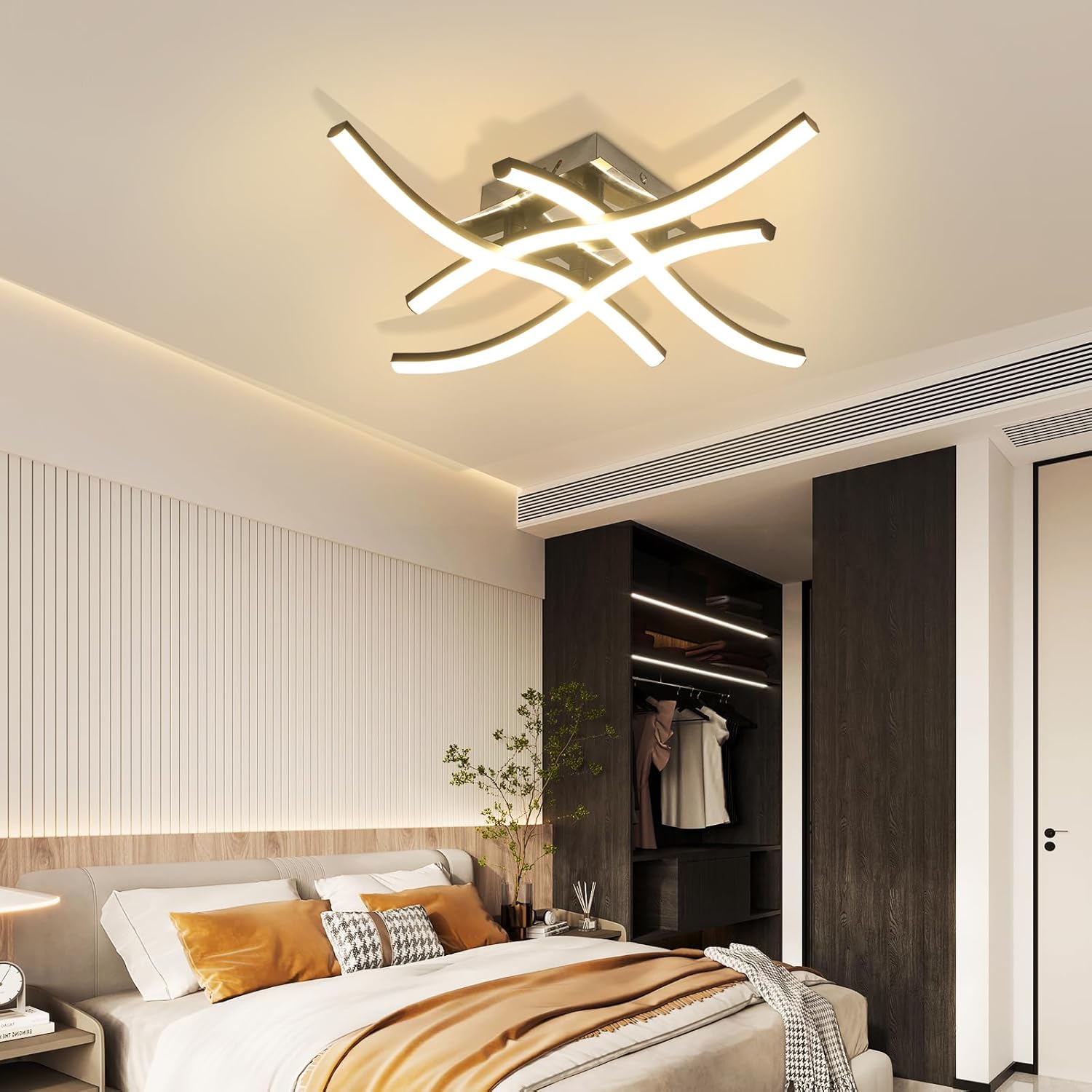 Comely Luminaire Plafonnier LED, 24W 2700LM Noir Onde Plafonnier LED, Lampe pour Chambre à Coucher, Salon, Bureau, Salle à Manger, Lumière Blanche Chaude 3000K
