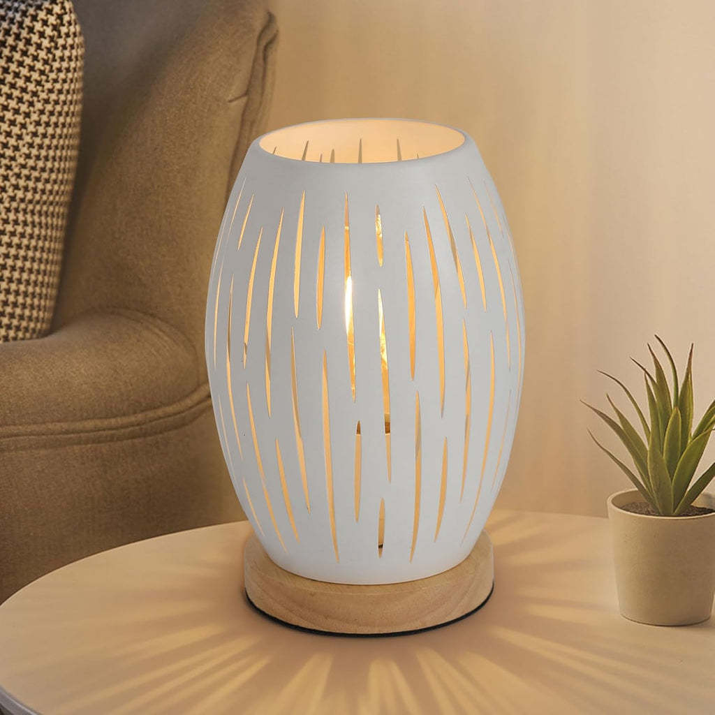 Comely Lampe de Table de Chevet pour Salon de Chambre, Blanc Base de Cage Métal Moderne en Bois E27 Petite Lumière Décorative Latérale d'intérieur (Ampoule Non Incluse) (Classe énergétique E
