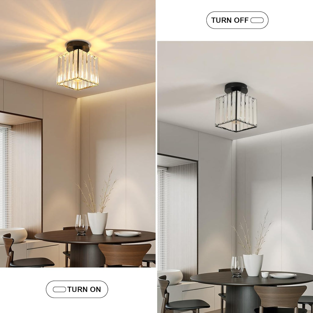 Comely Black Square Crystal Ceiling Light, Modern LED Ceiling Light with E27 Socket for Living Room, Bedroom, and Kitchen