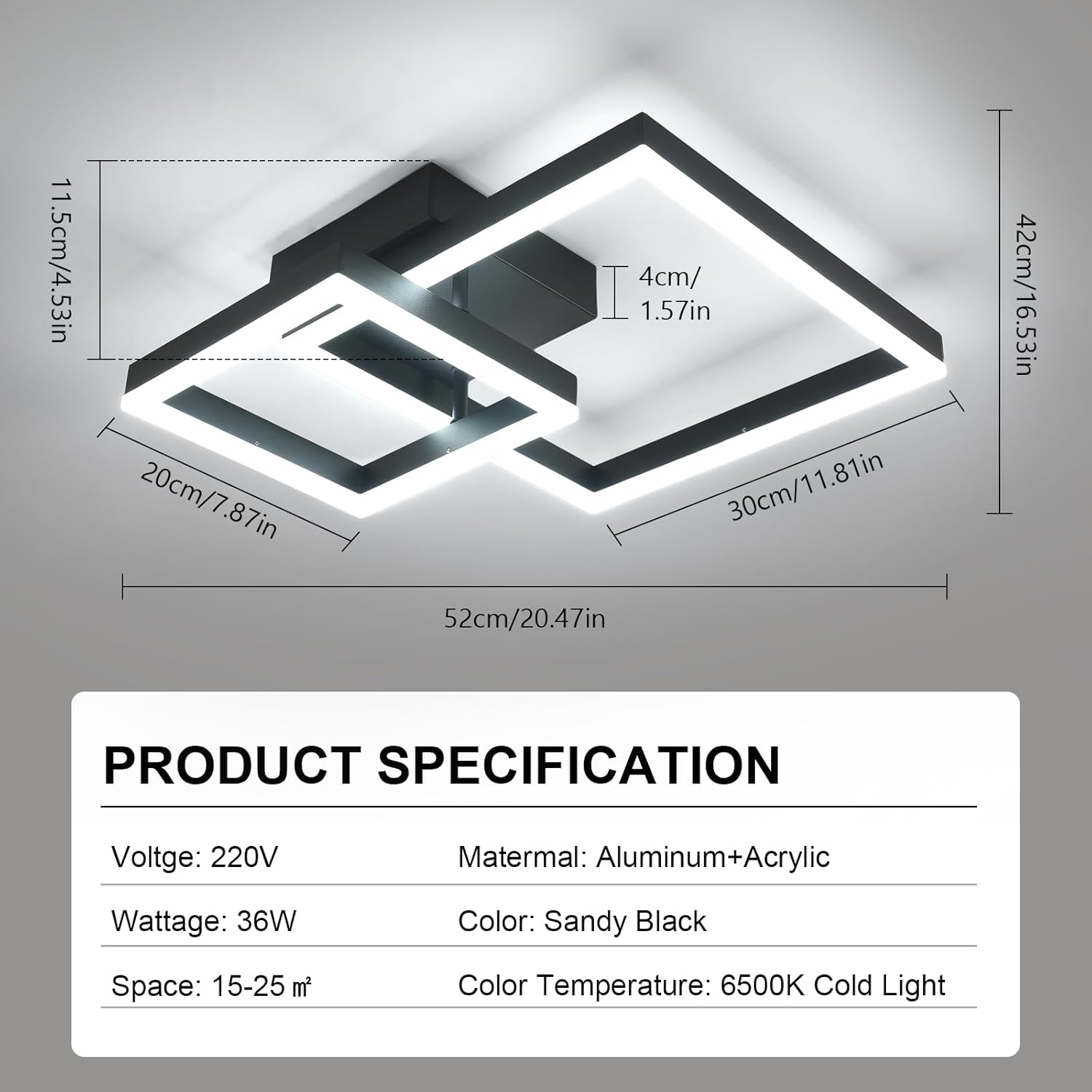 Ceiling Light - Black Acrylic Frame, White Light