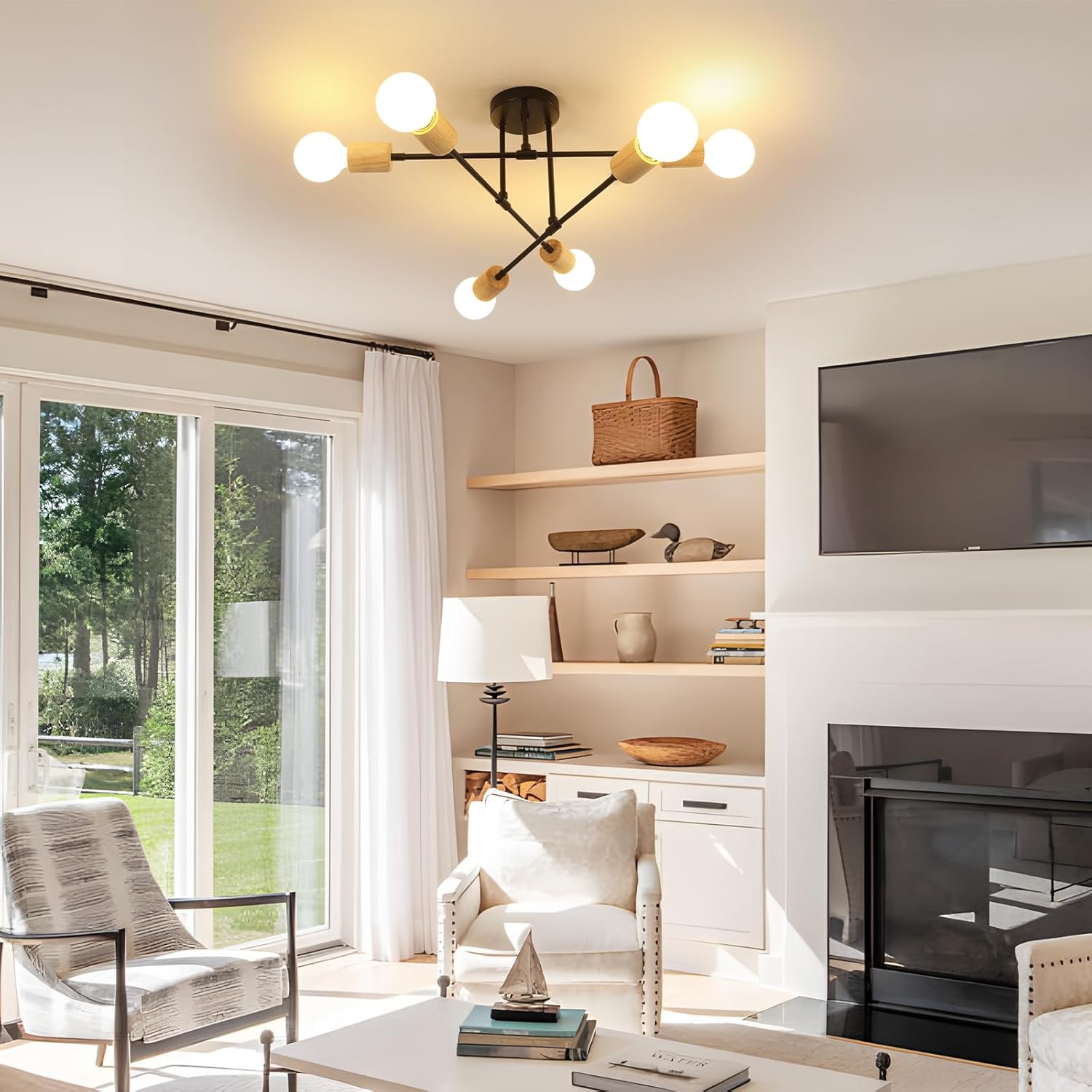 Ceiling Light - Black & Wood Metal Frame