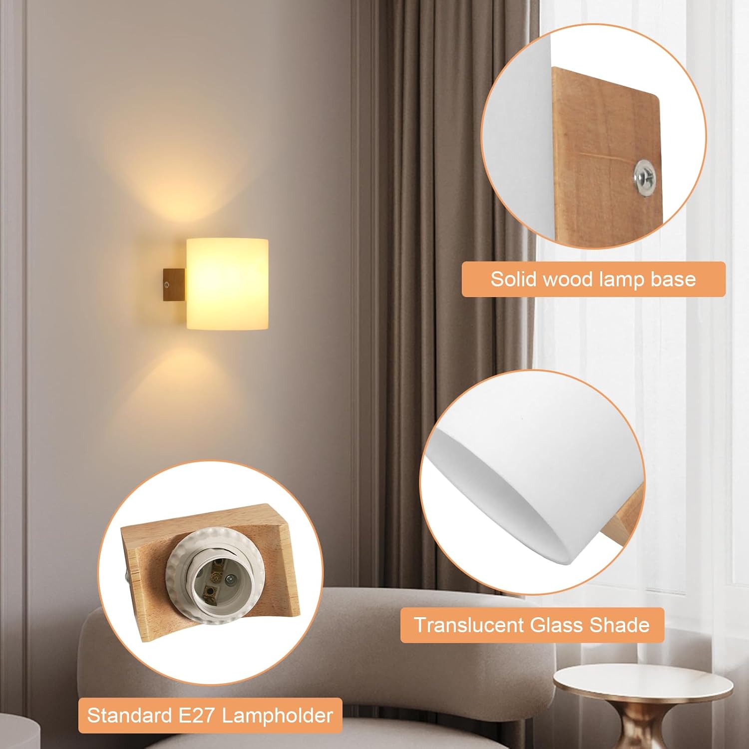 Comely Applique Murale Intérieure Bois, 2 Pièces Lampe Murale E27 Rétro en Verre Lampe de Chevet pour Chambre Salon Couloir Escalier Cafétéria