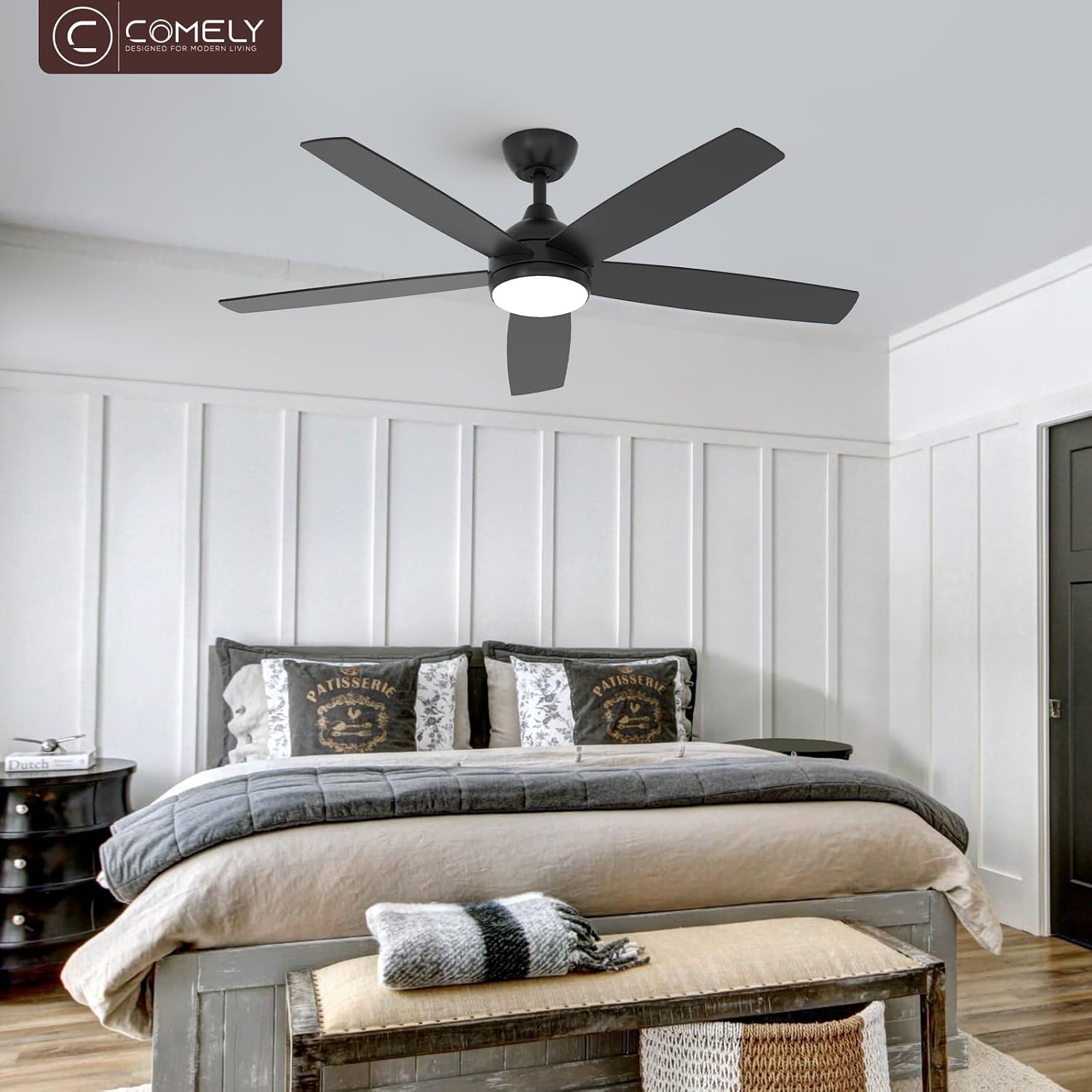 Ceiling Fan Light - Black Wood Frame, Tunable and Dimmable