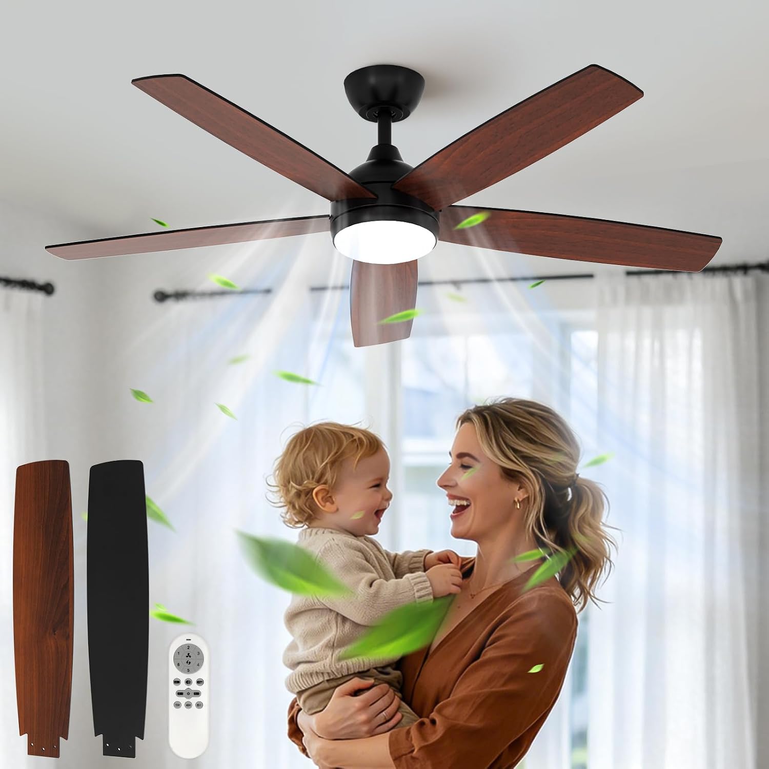 Ceiling Fan Light - Black Wood Frame, Tunable and Dimmable
