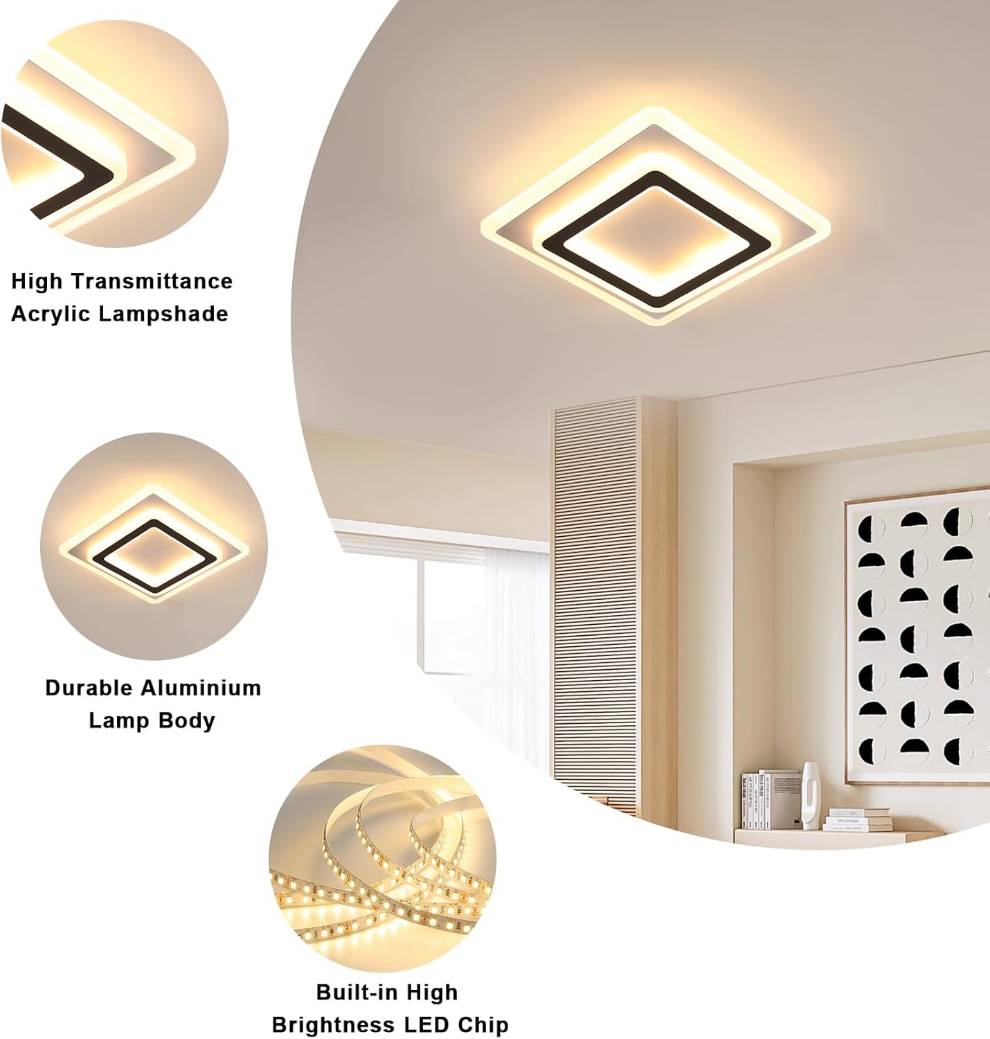 Ceiling Light - Black & White Acrylic Frame, Warm Light
