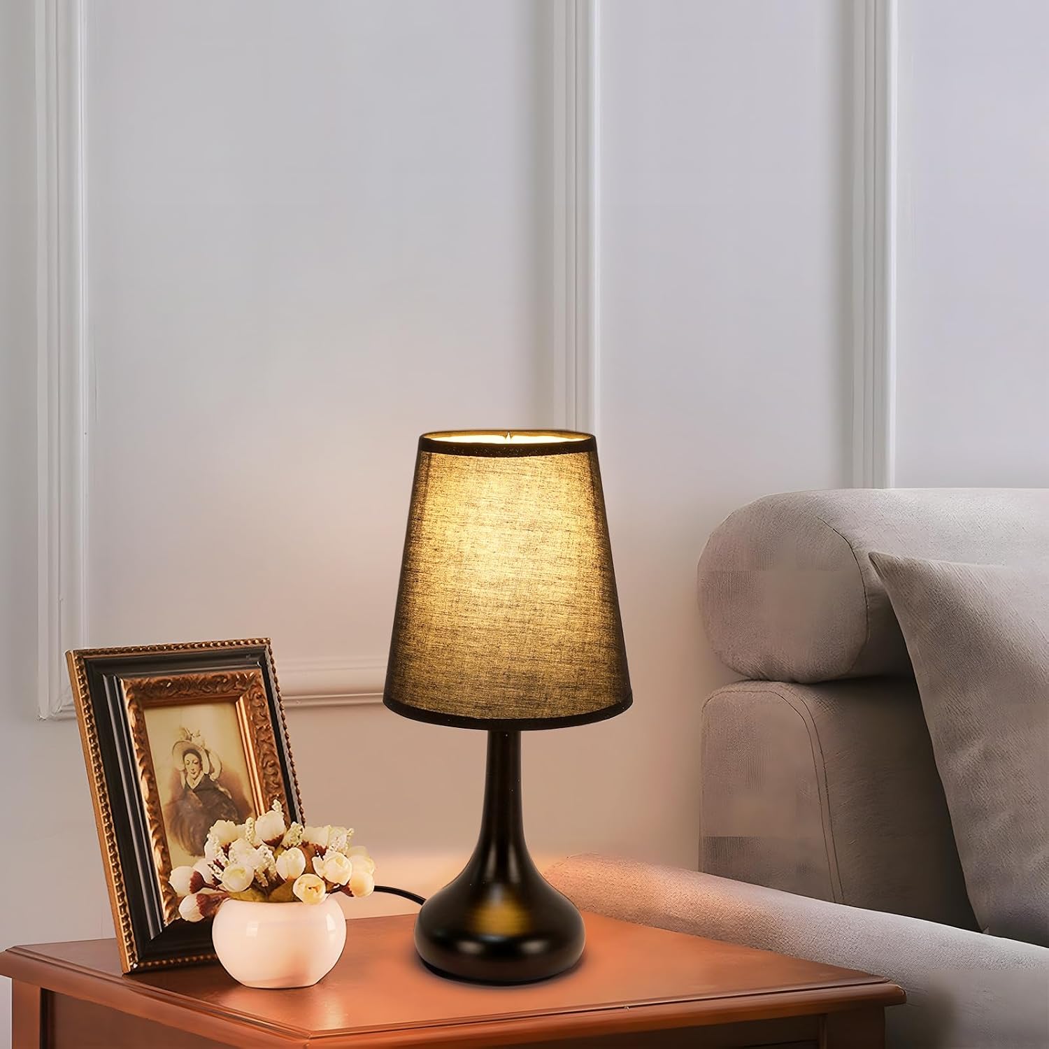 Comely Lampe de Table Rétro avec Abat-Jour en Tissu Noir – Lampe de Chevet Vintage E27, Câble 1,5 m avec Interrupteur, Lampe Décorative pour Chambre Salon Bureau
