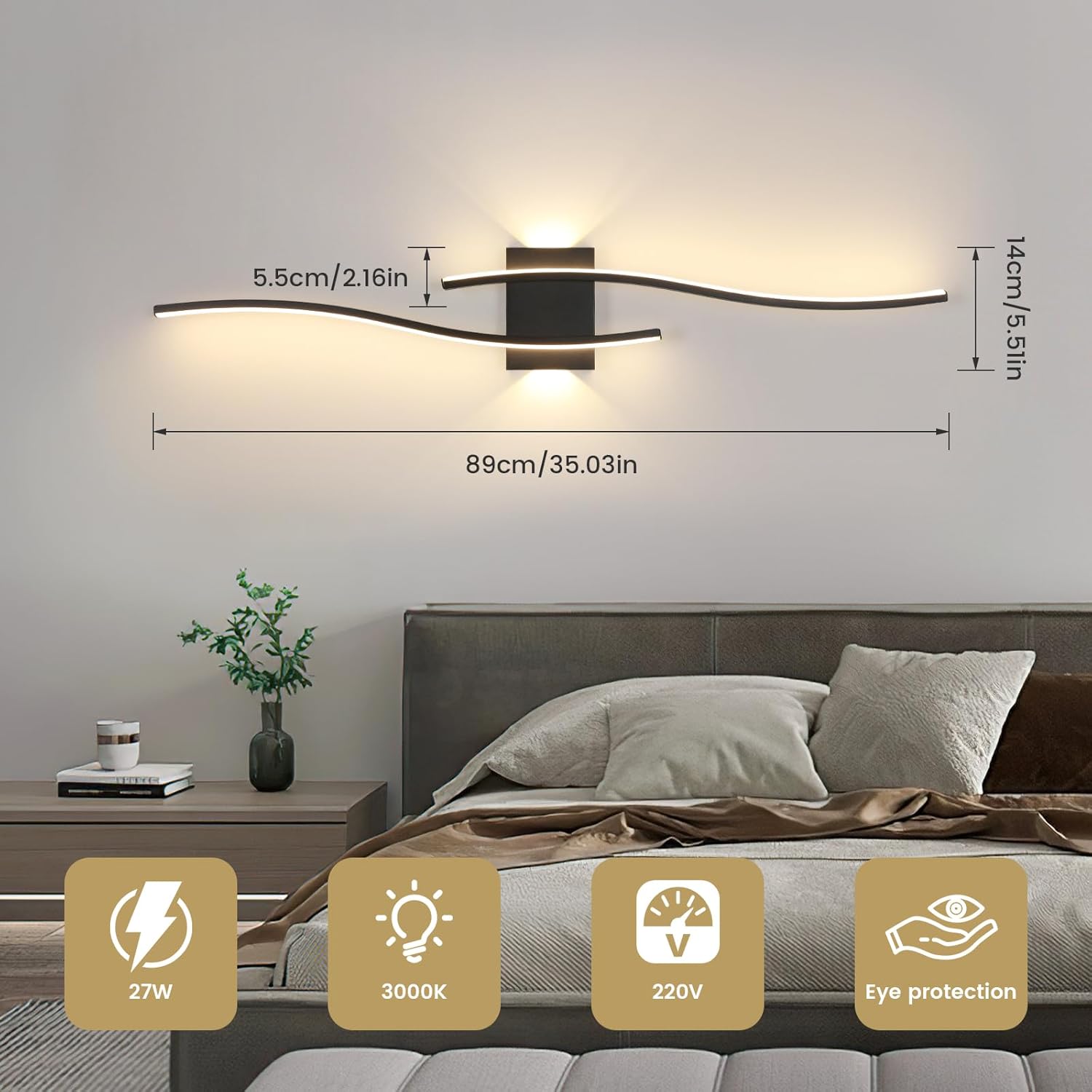 Applique - Telaio in alluminio nero, luce calda