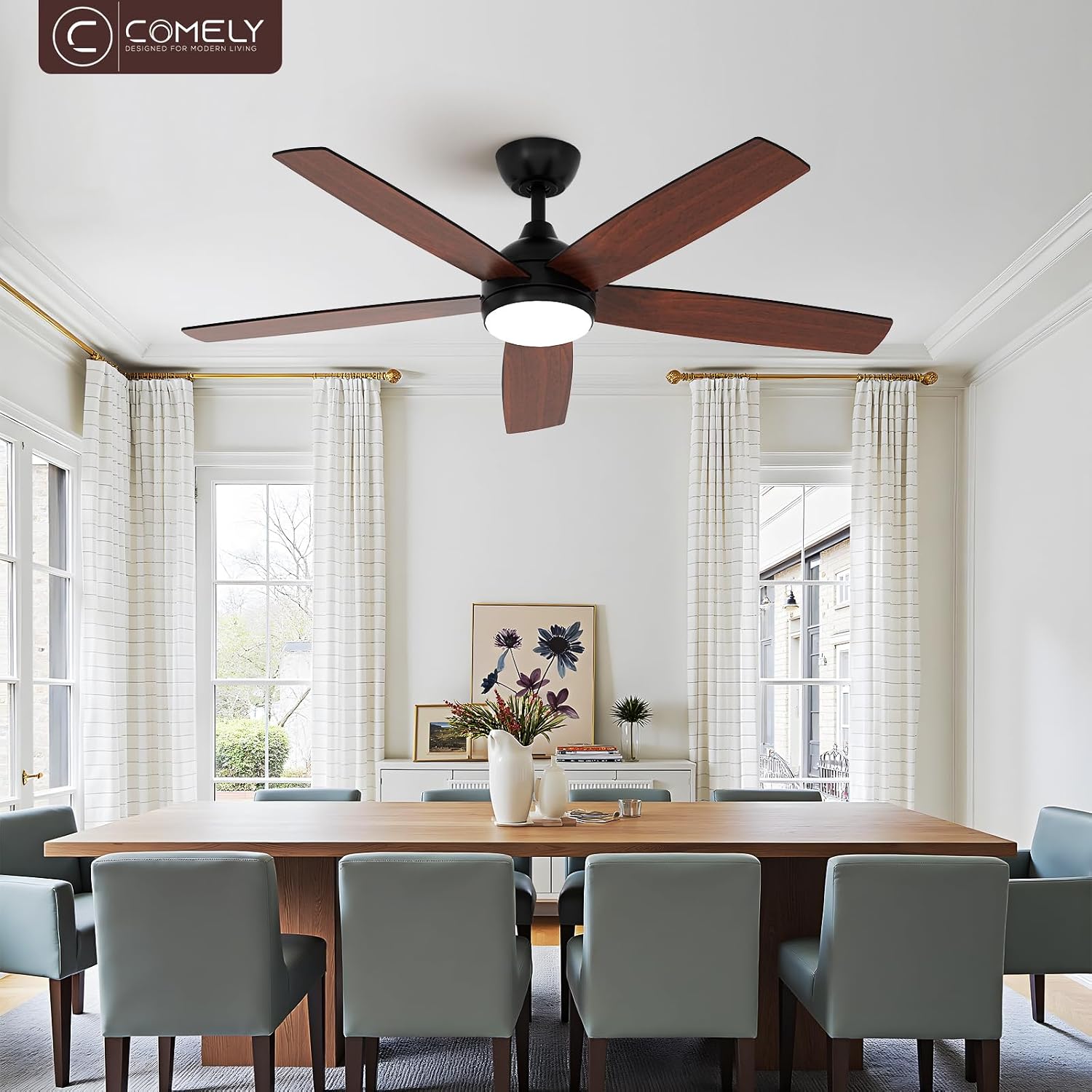 Ceiling Fan Light - Black Wood Frame, Tunable and Dimmable