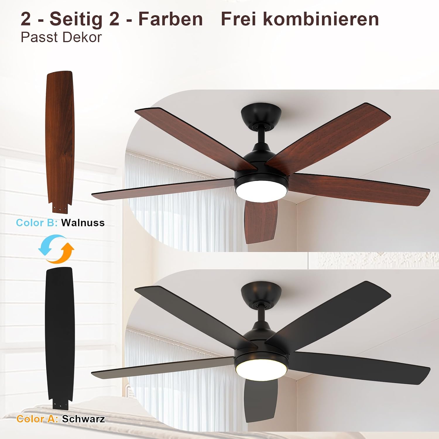 Ceiling Fan Light - Black Wood Frame, Tunable and Dimmable