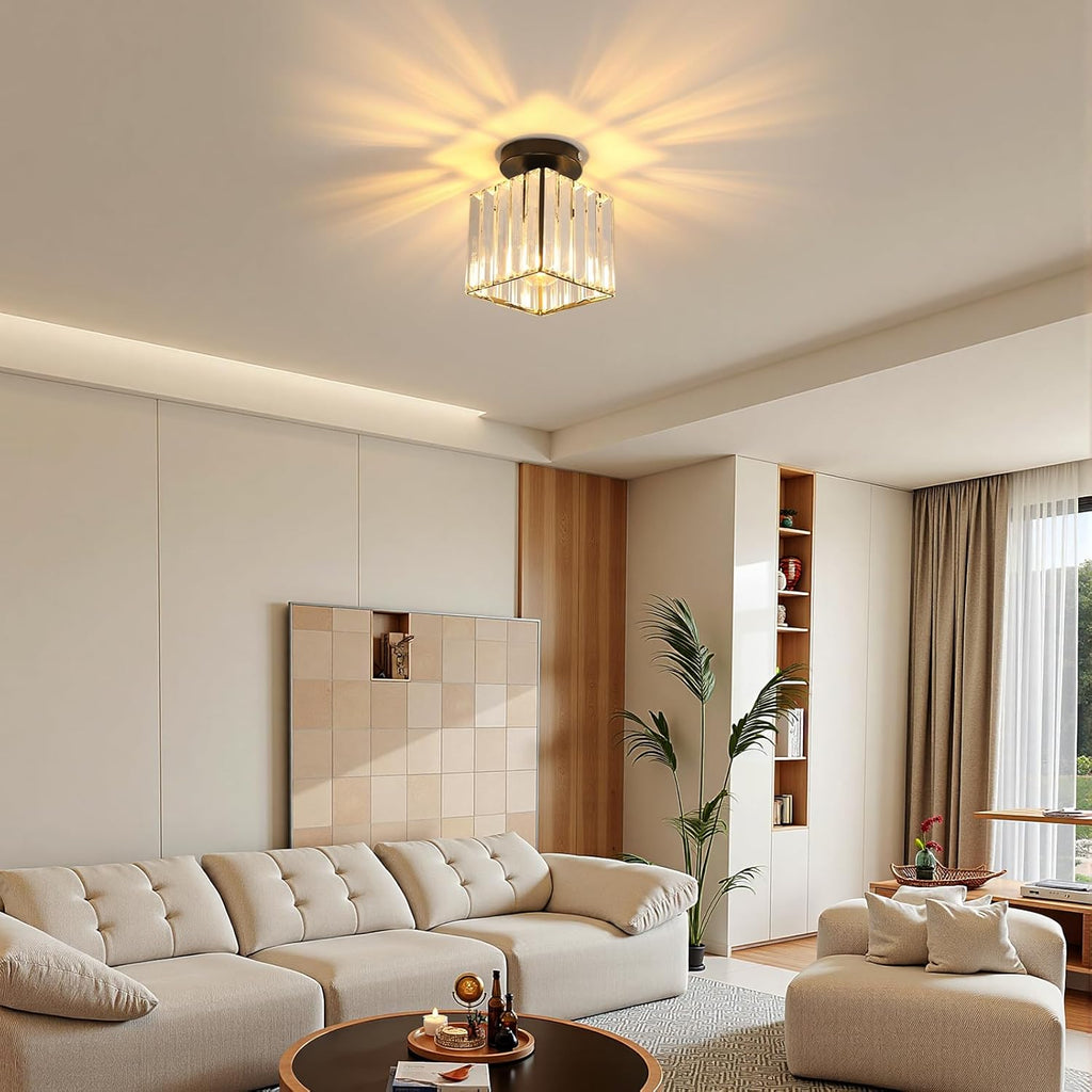 Comely Black Square Crystal Ceiling Light, Modern LED Ceiling Light with E27 Socket for Living Room, Bedroom, and Kitchen