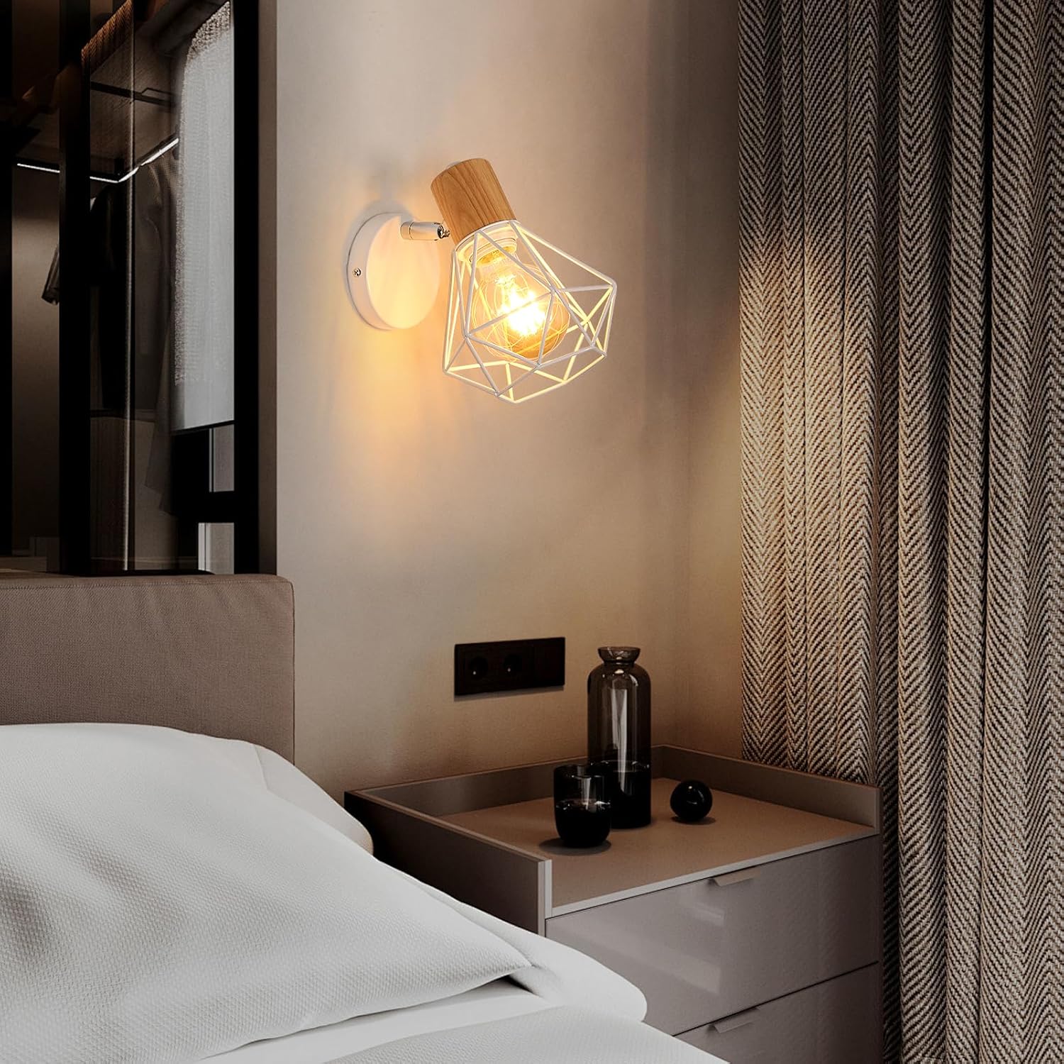 Comely Applique Murale Interieur Vintage, Réglable 180° Moderne Lampe Murale en Bois Métal, Rétro E27 Luminaire Applique Interieur pour Chambre Couloir Salon Cuisine, Blanc