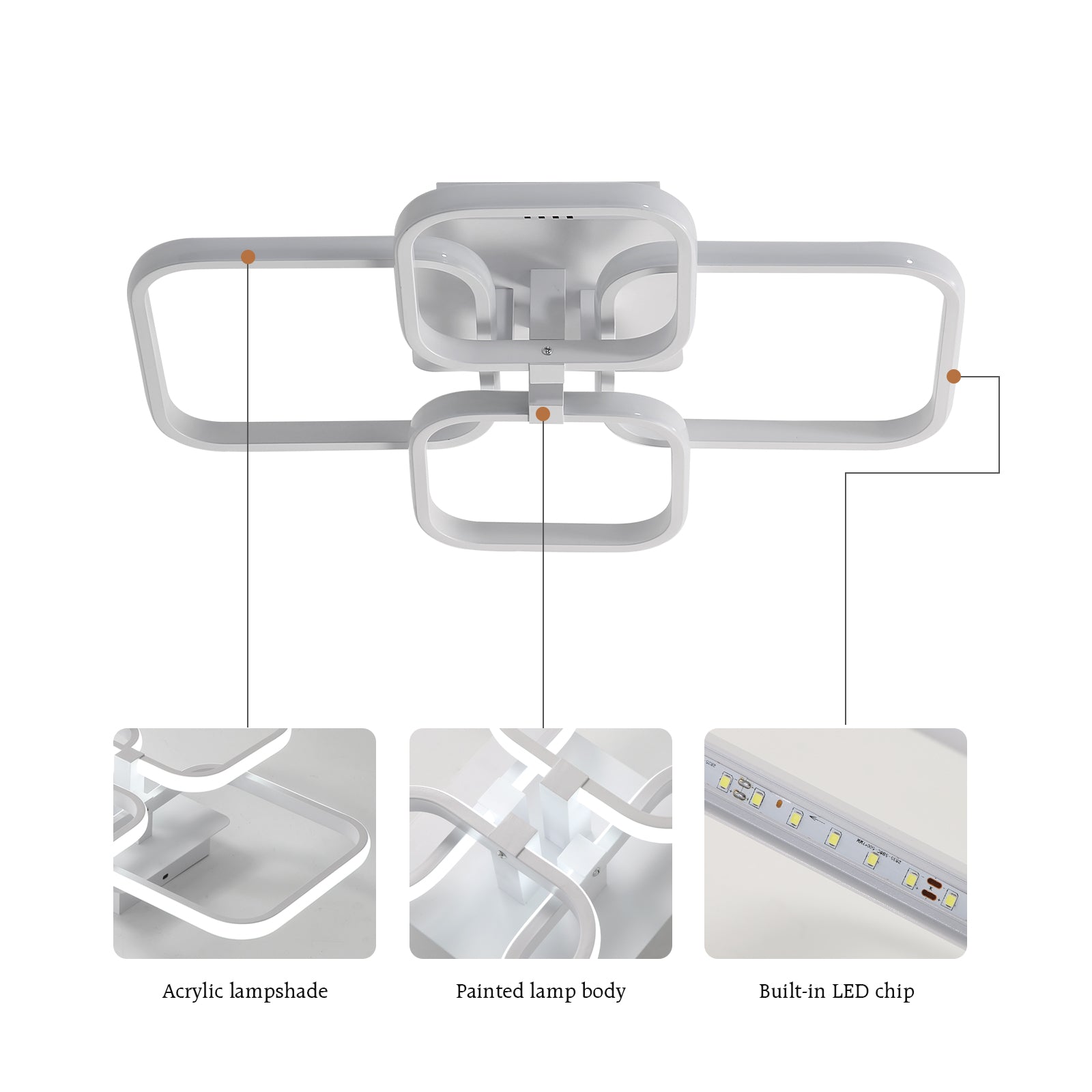 Lustre Moderne LED Comely, Luminaire De Plafond Design Carrés Blancs 60W 6750LM, Lampe De Plafond En Acrylique Pour Salon Chambre Cuisine Salle De Séjour Bureau, Lumière Froide 6500K