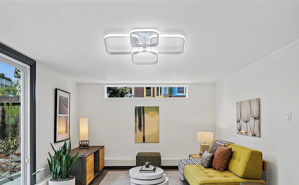 Lustre Moderne LED Comely, Luminaire De Plafond Design Carrés Blancs 60W 6750LM, Lampe De Plafond En Acrylique Pour Salon Chambre Cuisine Salle De Séjour Bureau, Lumière Froide 6500K