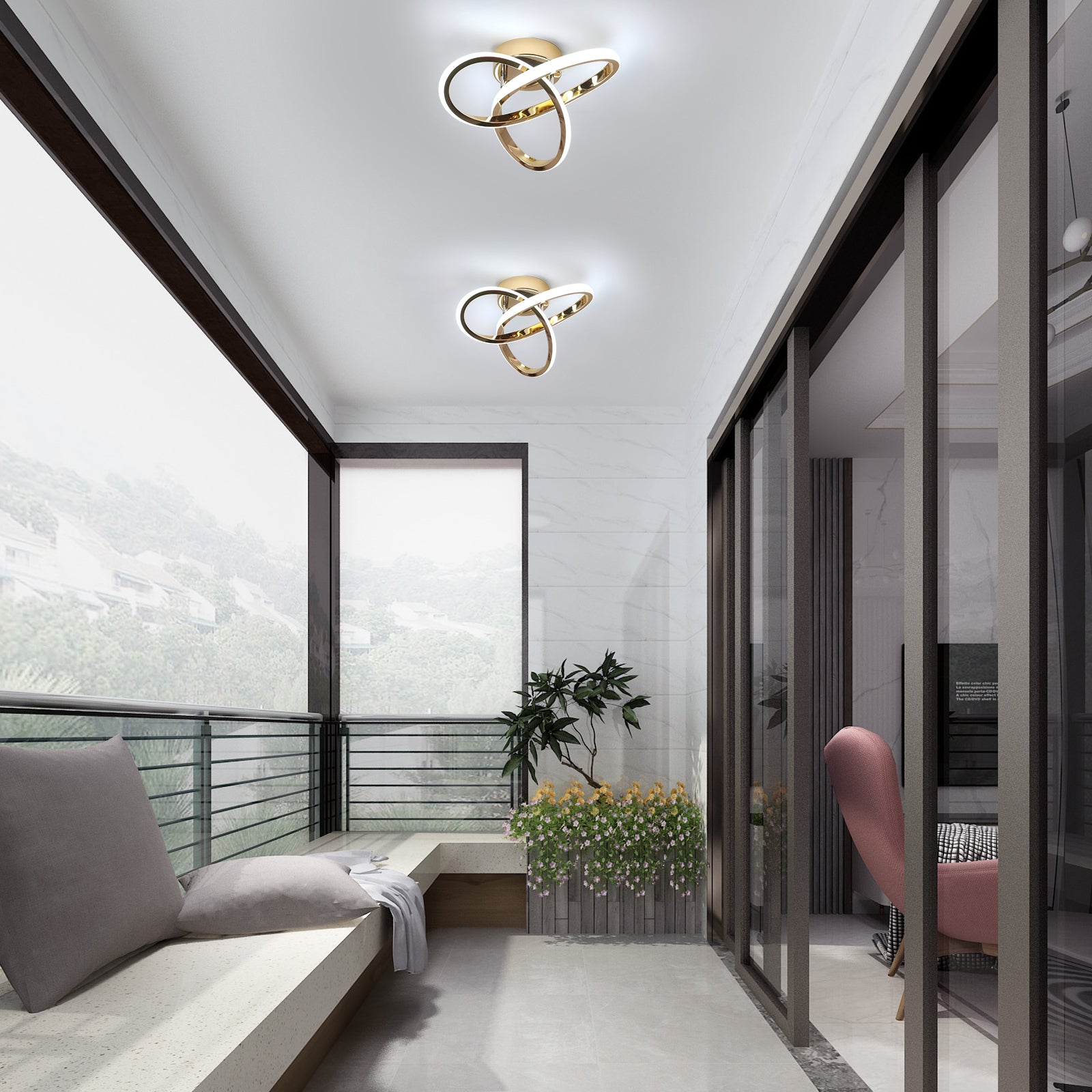 Plafoniera - Struttura in alluminio dorato, Luce bianca