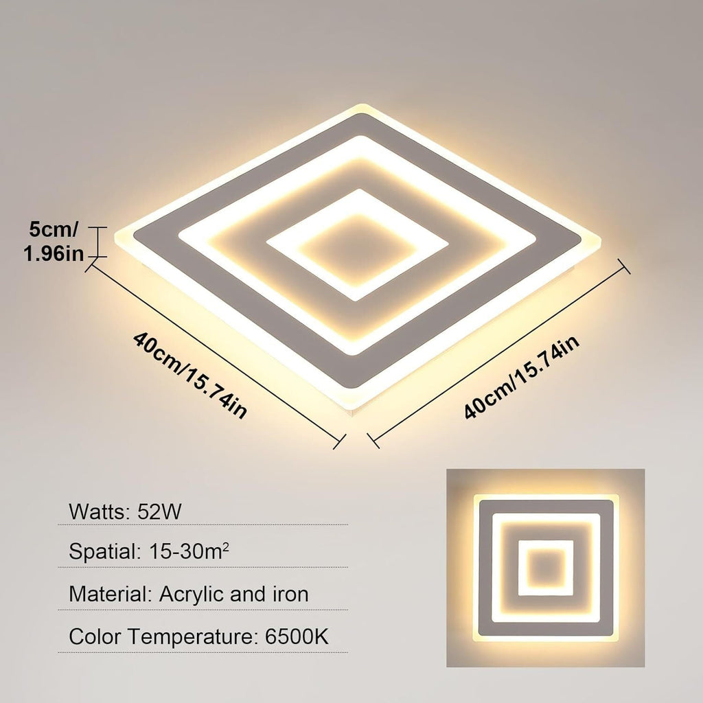 Comely Plafonnier LED Carré Moderne, 52W Lampe de Plafond LED, Acrylique Luminaire Plafonnier Intérieur Blanc pour Chambre à Coucher, Salon, Couloir, Lumière Chaude 3000K, 40cm