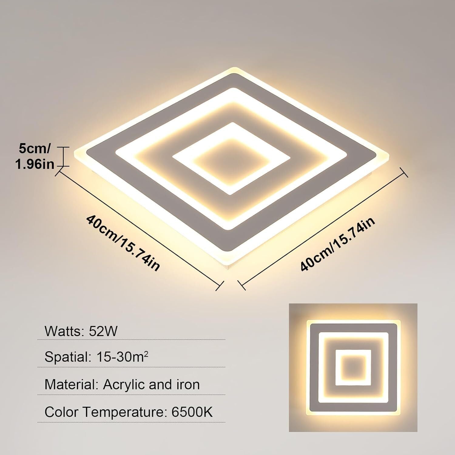 Comely Plafonnier LED Carré Moderne, 52W Lampe de Plafond LED, Acrylique Luminaire Plafonnier Intérieur Blanc pour Chambre à Coucher, Salon, Couloir, Lumière Chaude 3000K, 40cm