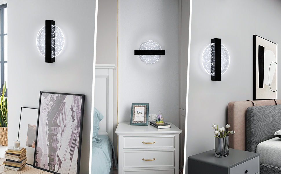 Comely Applique Murale Interieur LED 12W, Noir Ronde 1500LM Lumière Blanche Froide 6500K Lampe Murale LED avec Feuille d'argent, Lampe Murale LED Moderne pour Couloir Salon Chambre