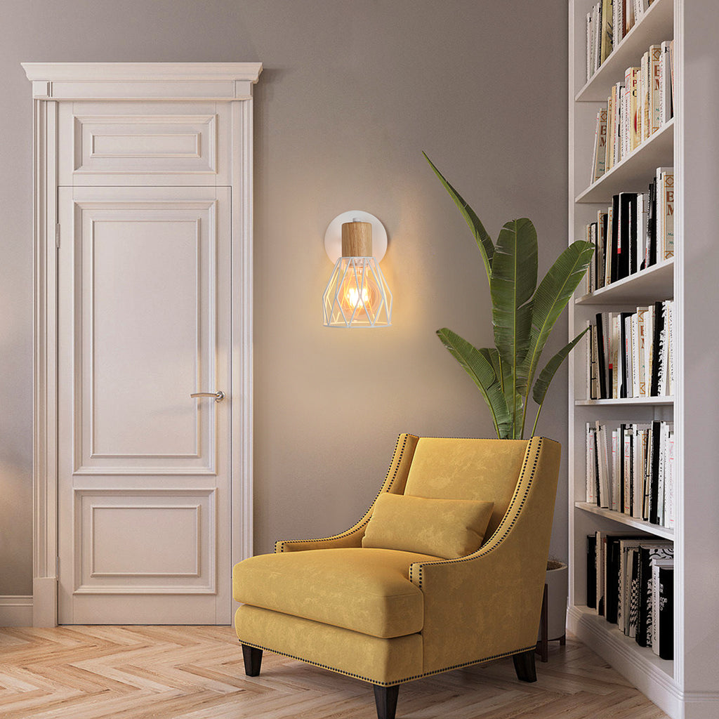 Comely Lampe murale de cage blanche en bois et métal - Set de 2, 14,5x12x18cm, E27, Country Design, Pas d'éclairage